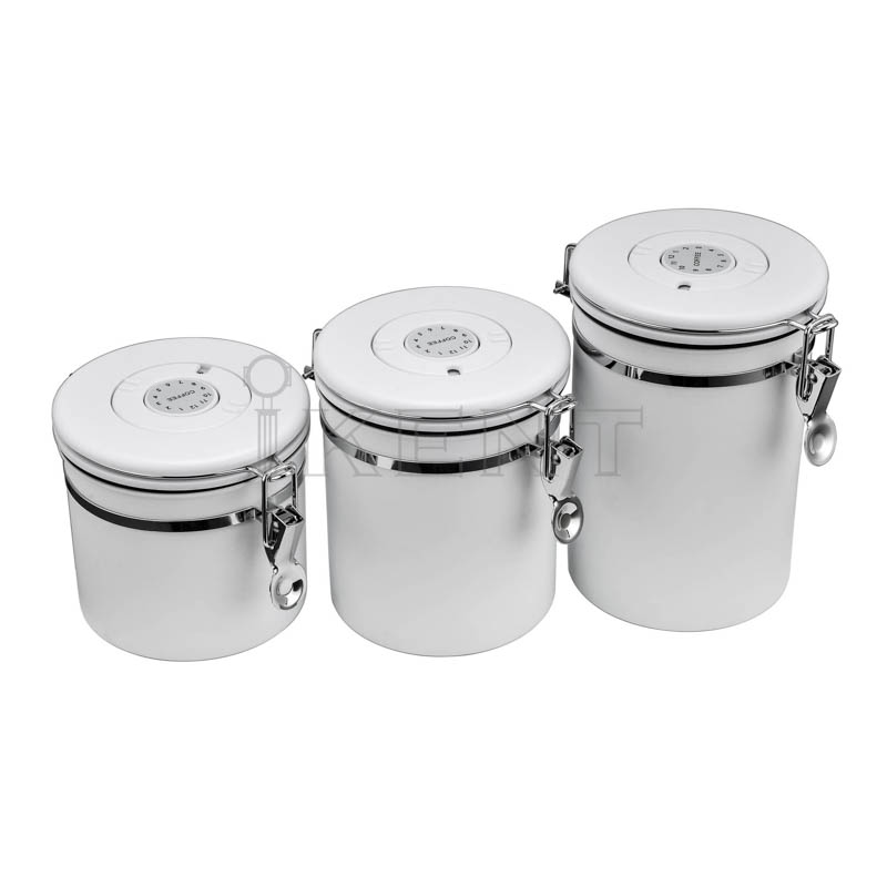 1.2L 1.5L 1800ml kitchen storage tea flour cereal coffee bean canister airtight stainless steel CO2 exhaust lid container with scoop date tracker manufacture factory