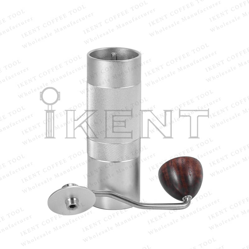 silver hand manual coffee grinder hand wooden handle aluminum body stainless steel burr core supplier wholesaler manufacturer factory
