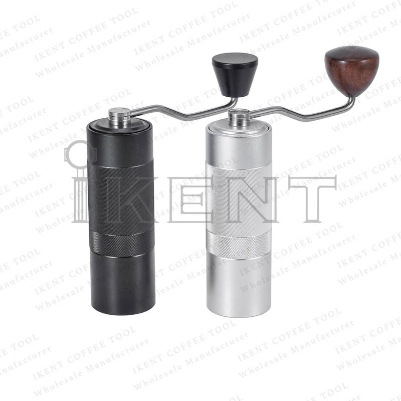 silver black hand manual grip coffee grinder hand wooden handle aluminum body stainless steel burr core supplier wholesaler manufacturer factory