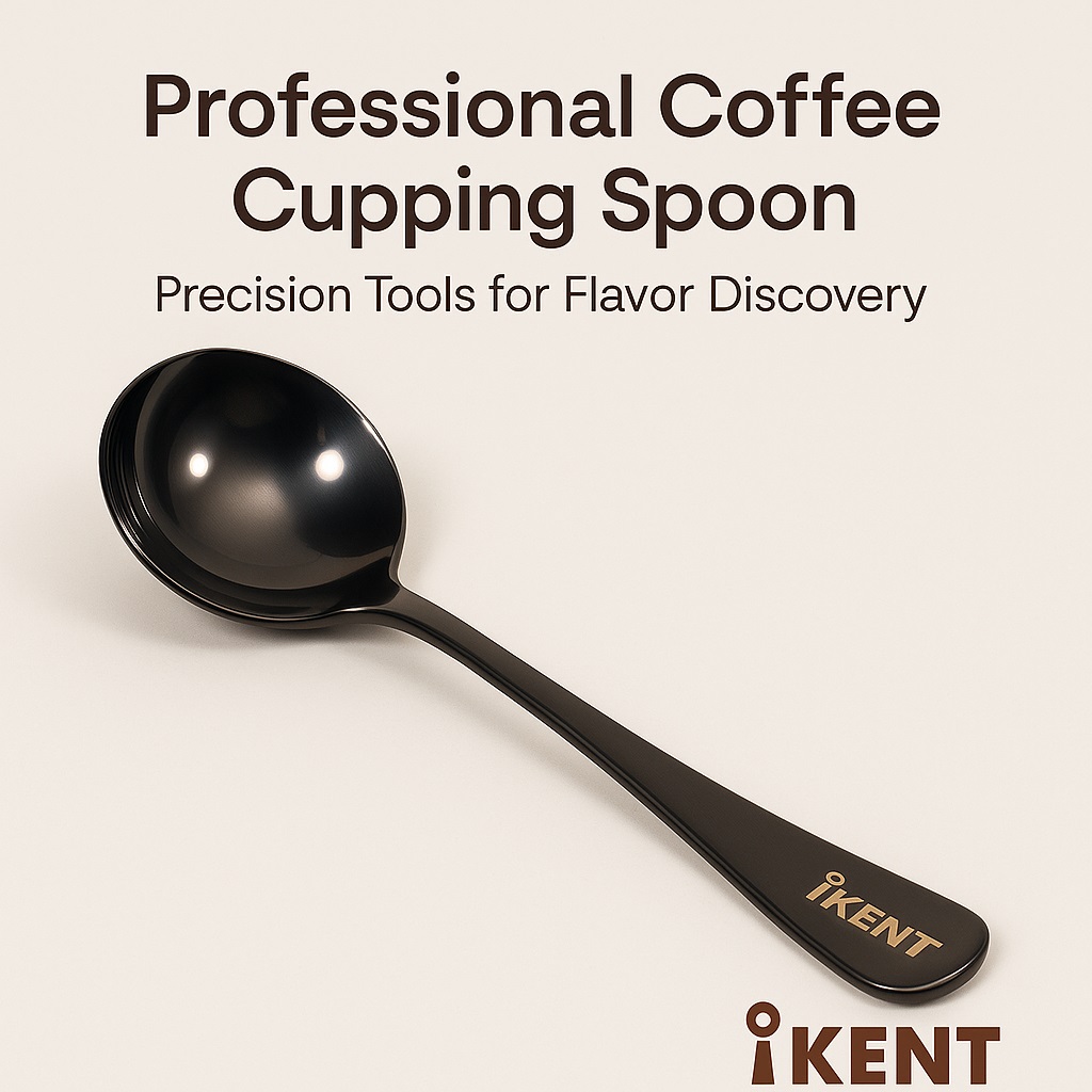Stainless steel cupping spoon with IKENT logo for professional coffee tasting
