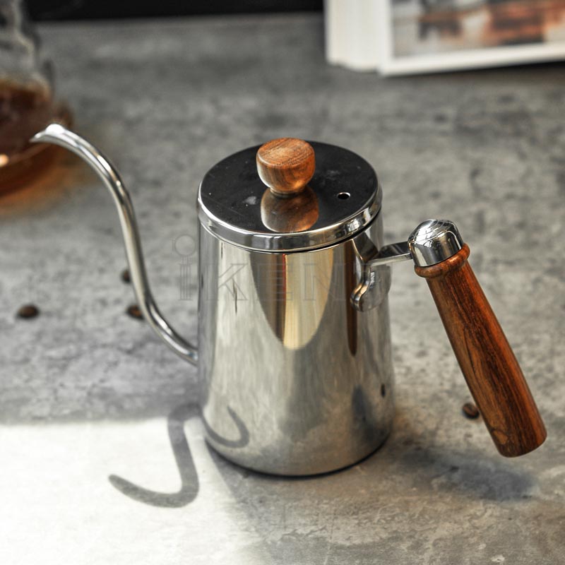 Gooseneck coffee kettle for precise water flow wooden handle with lid