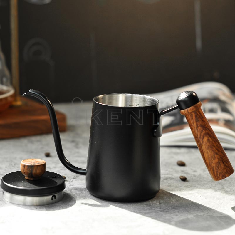 Gooseneck coffee kettle for precise water flow wooden handle with lid