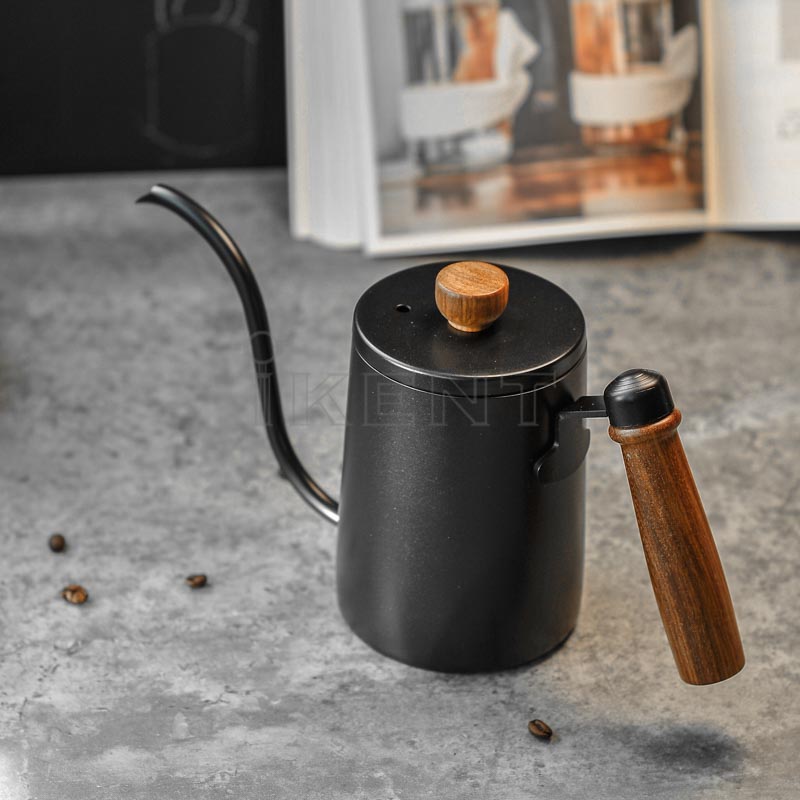 Gooseneck coffee kettle for precise water flow wooden handle with lid