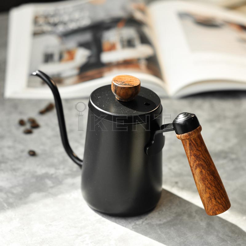 Gooseneck coffee kettle for precise water flow wooden handle with lid