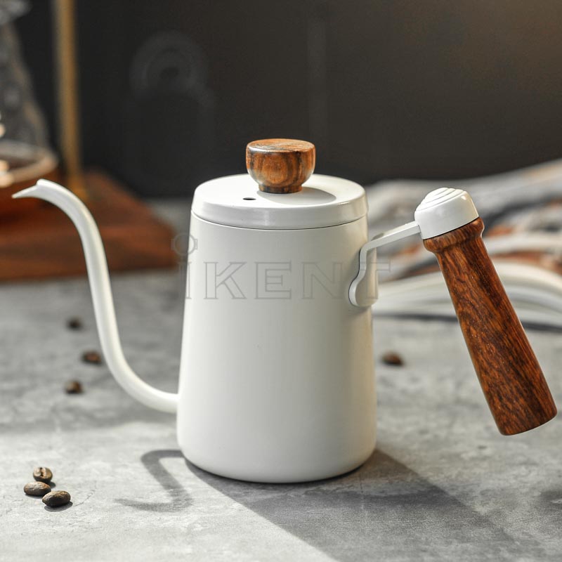 Gooseneck coffee kettle for precise water flow wooden handle with lid