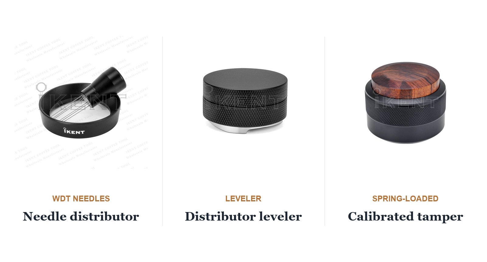 WDT needle distributor, distributor leveler and calibrated tamper side by side - iKentcoffee