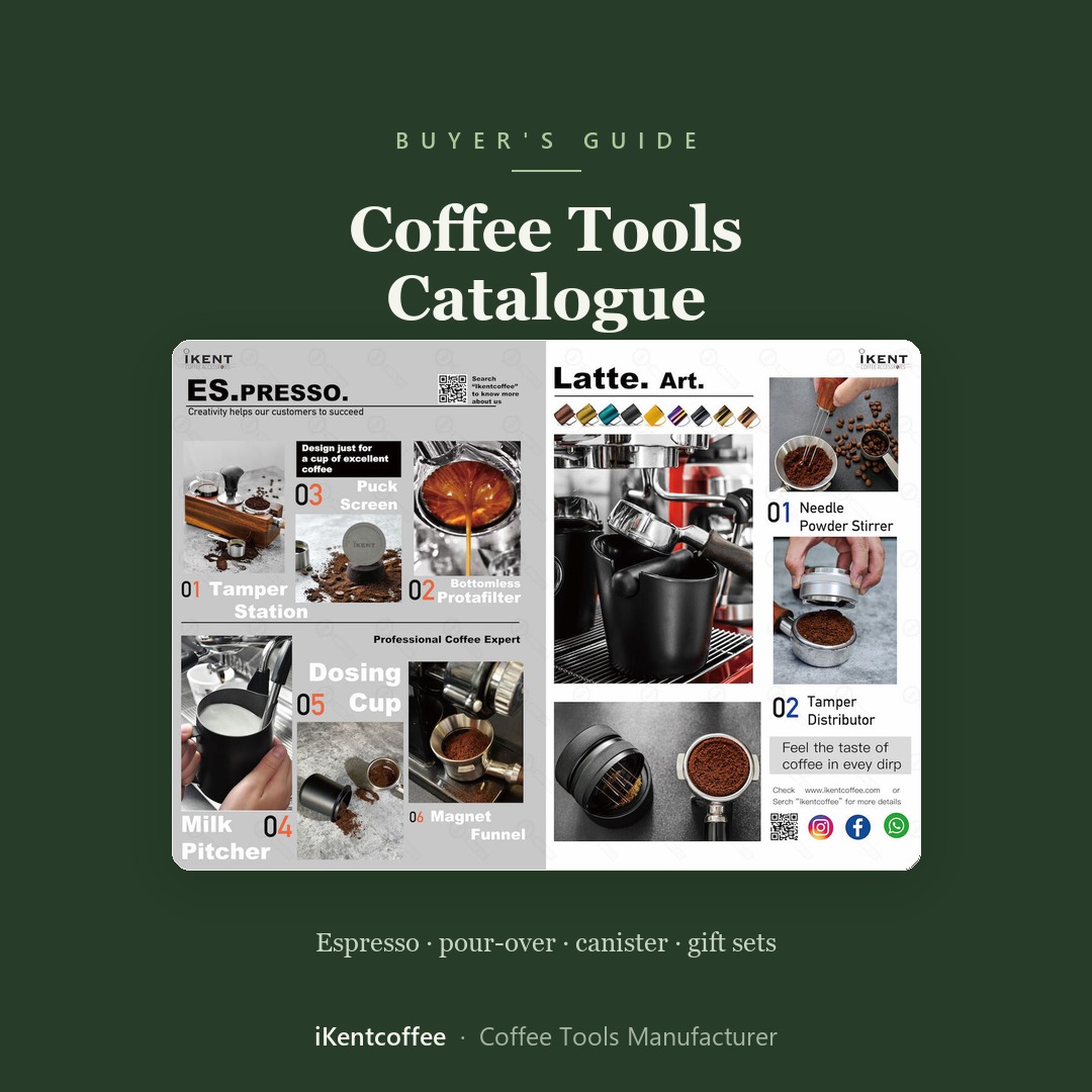 iKentcoffee coffee tools catalogue spread showing espresso and latte art tools