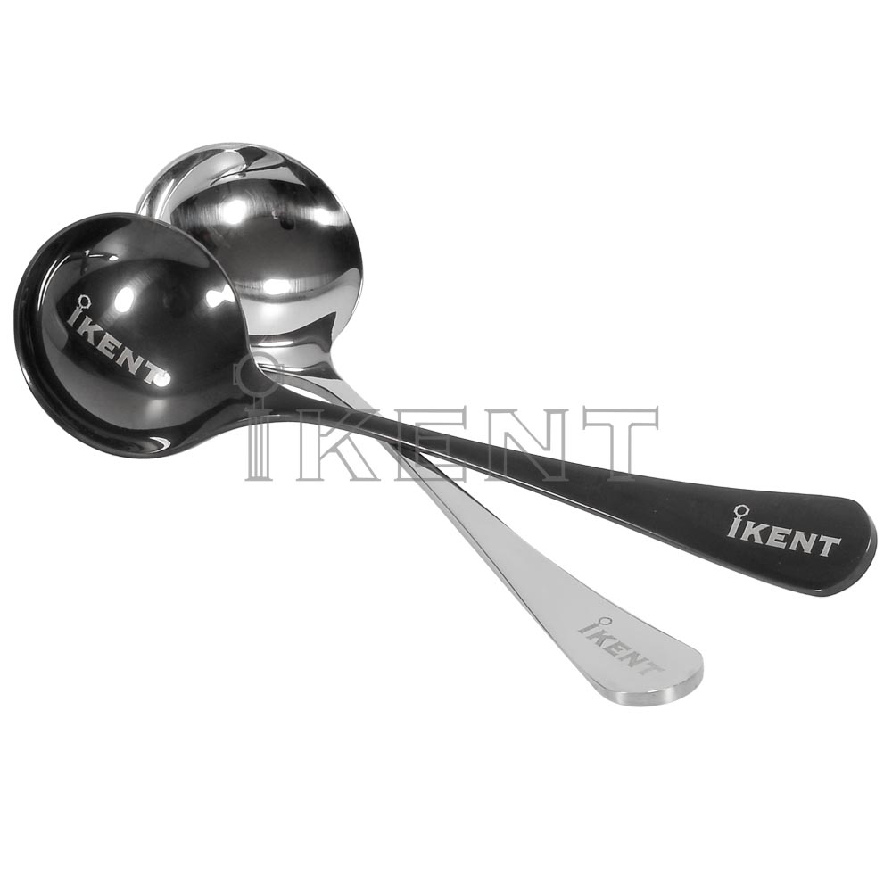 Black and mirror finish stainless steel cupping spoons side by side - iKentcoffee