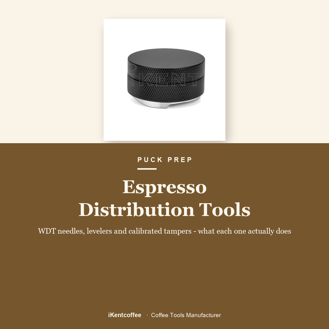 Espresso distribution tools - WDT needle distributor, leveler and calibrated tamper - iKentcoffee guide card