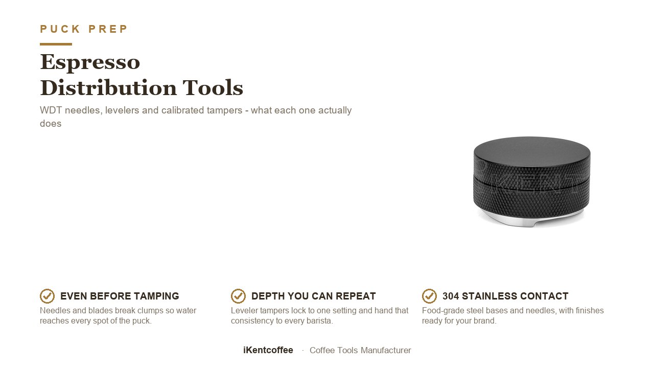 Espresso distribution tools compared - WDT needle distributor, leveler and calibrated tamper