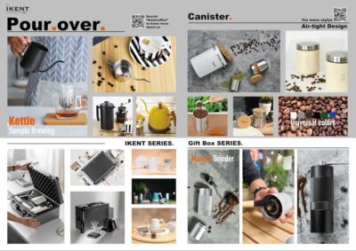 iKentcoffee coffee tools catalogue page 2 - pour-over kettles and brewers, airtight coffee canisters, IKENT series sets and manual grinder gift boxes
