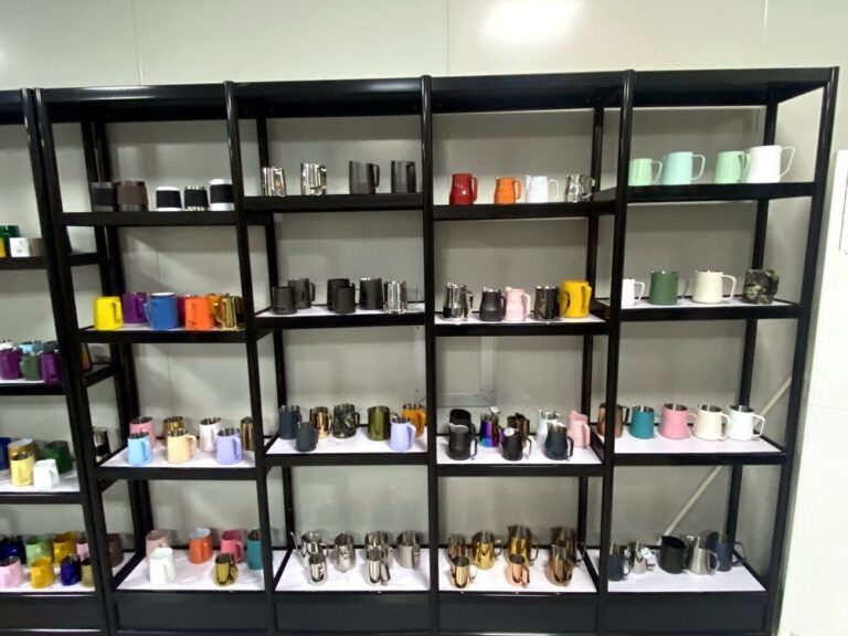 Colour-finished milk pitchers on display, any Pantone colour matched