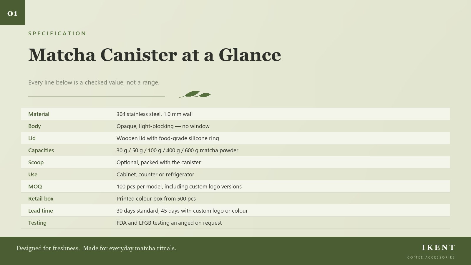 Specification table for a 304 stainless steel opaque matcha canister