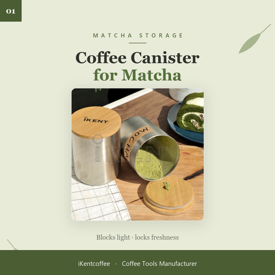 Stainless steel coffee canister opened with green matcha powder inside, next to a second canister