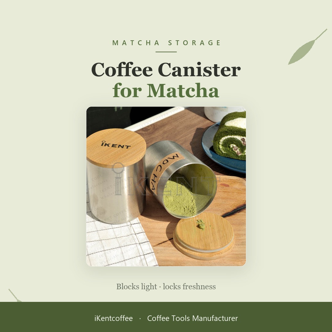 Stainless steel canister holding green matcha powder beside a matcha roll