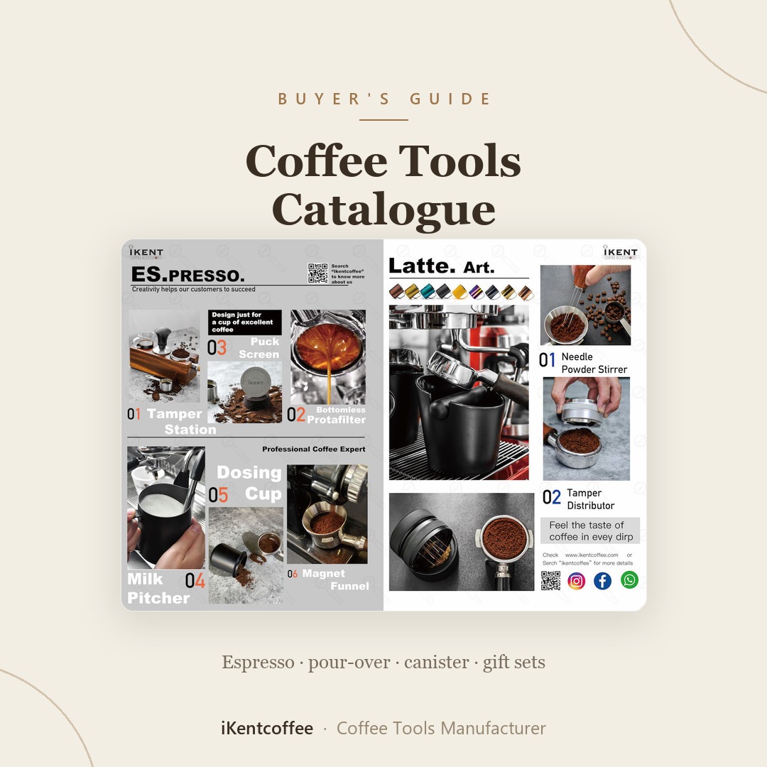 Page one of the ikentcoffee coffee tools catalogue, espresso and latte art tools